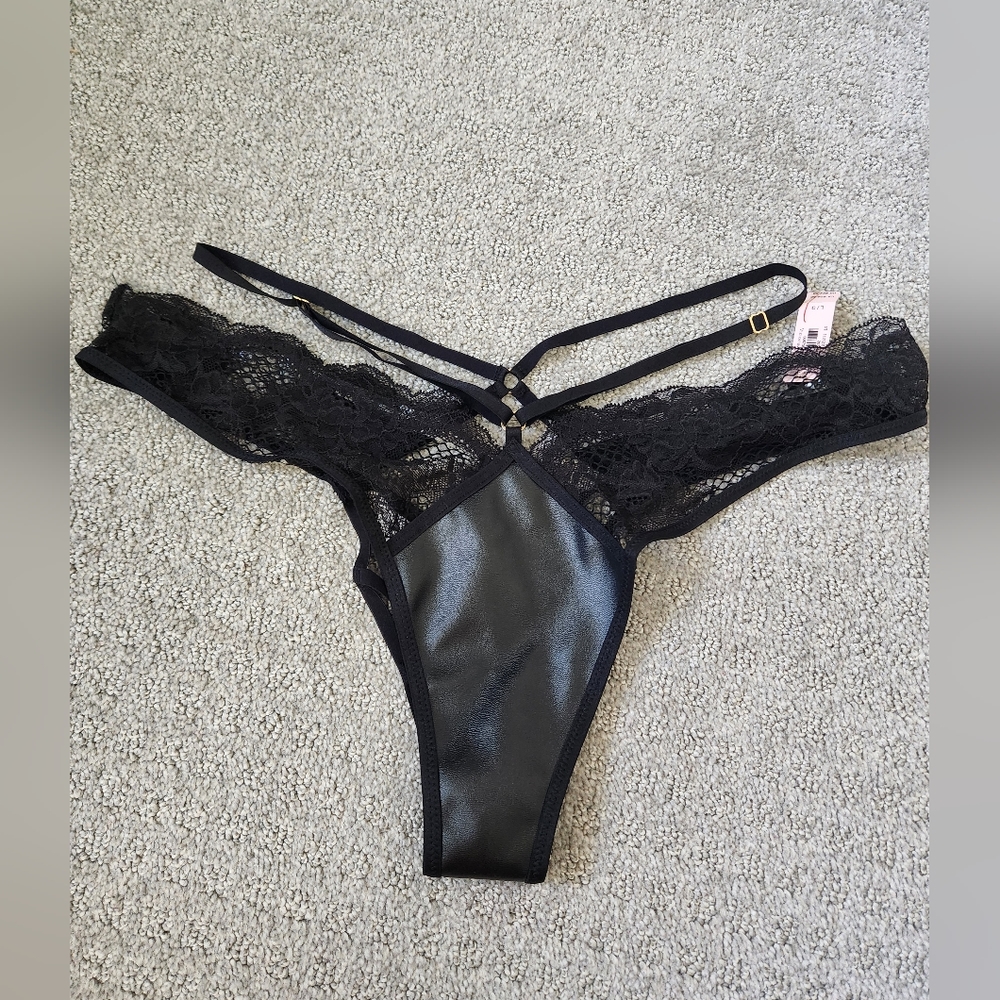 Victoria's L Secret Sexy Faux Leather Fishnet‎ Strap Open Back Brazilian NWT
